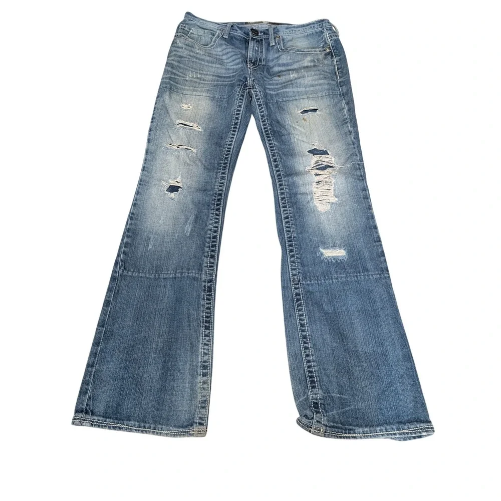 BKE Jeans Mens 32R Blue Aiden Straight Distressed Destroyed Denim Rugged Y2K
